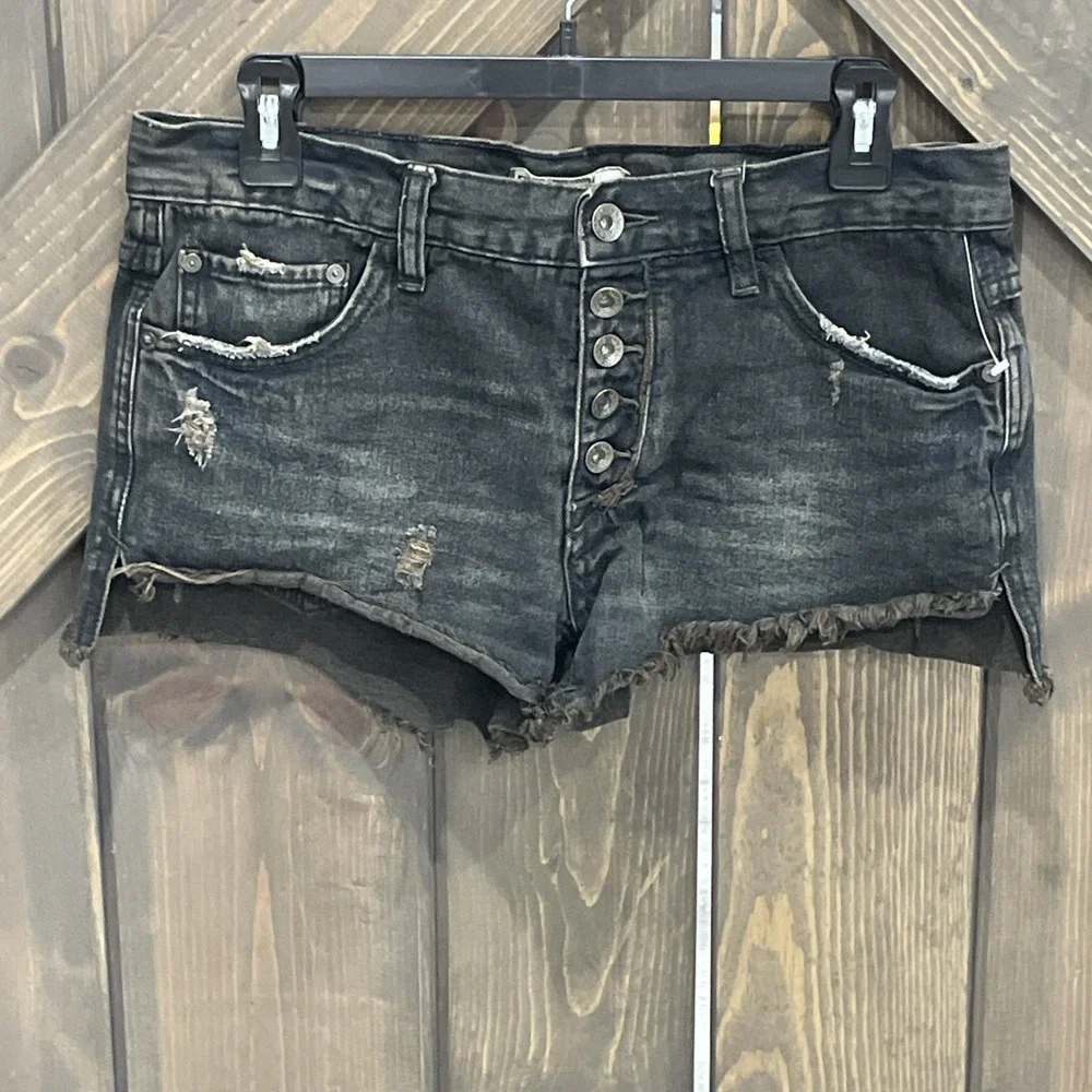 Free People Black Button Fly Distressed Cut Off Raw Hem Jean Shorts Size 26 NWOT